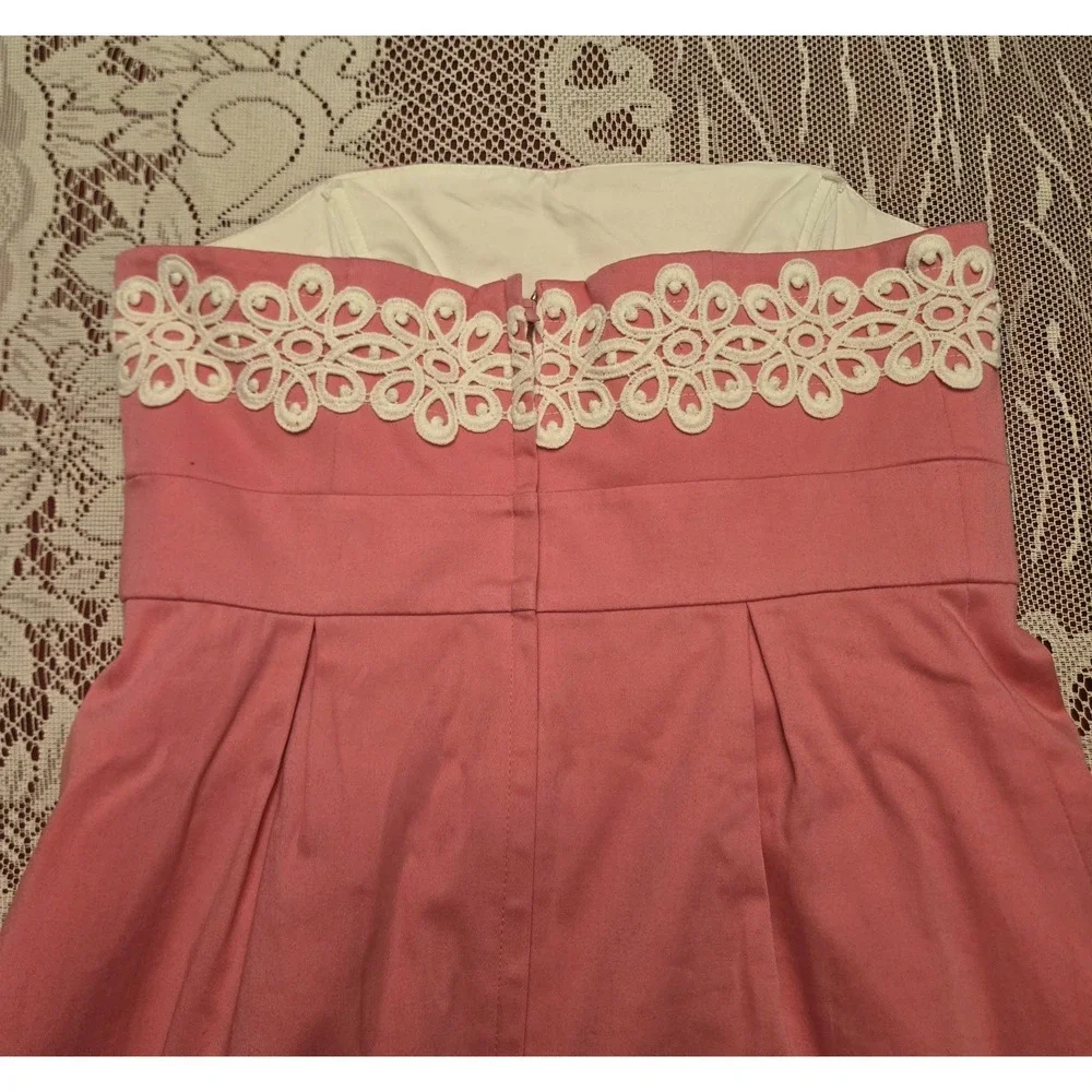 EUC Lilly Pulitzer Sz 0 Pink Betsey Dress Strapless White Lace Embroidery Pleat‎ - Picture 11 of 16